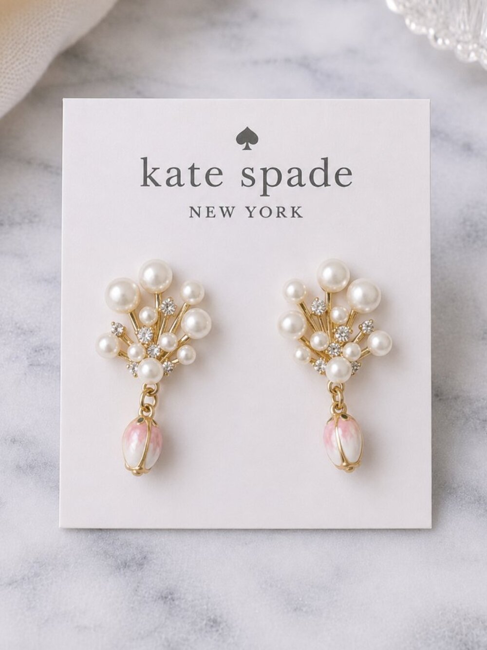 Kate Spade Pearl Crystal Floral Drop Earrings Gold Pink Flower Earrings 🌸